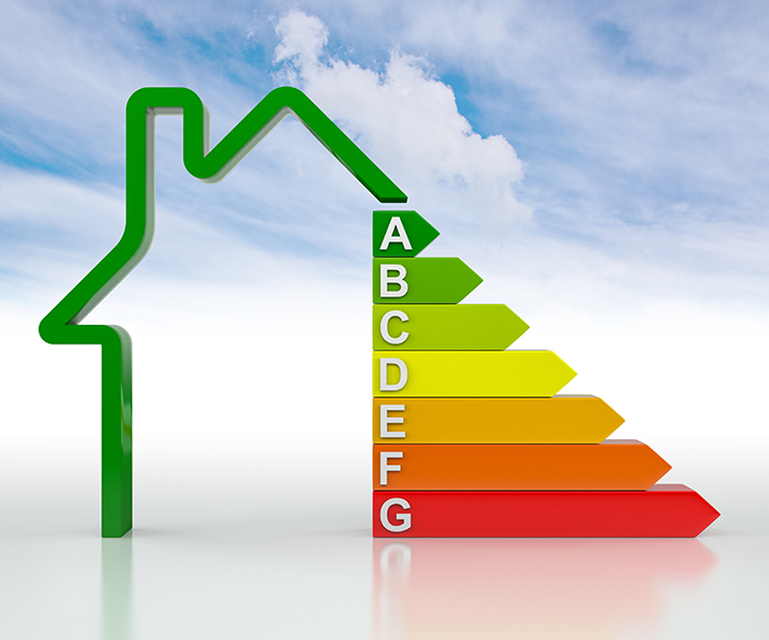 3D Bar Graph Home, Energy Efficiency Concept, Isolated on Blue Sky. 3D Rendering